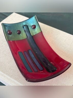 Artist Signed Fused Art Glass Dish Modern Studio Red Blue/Green iridescent